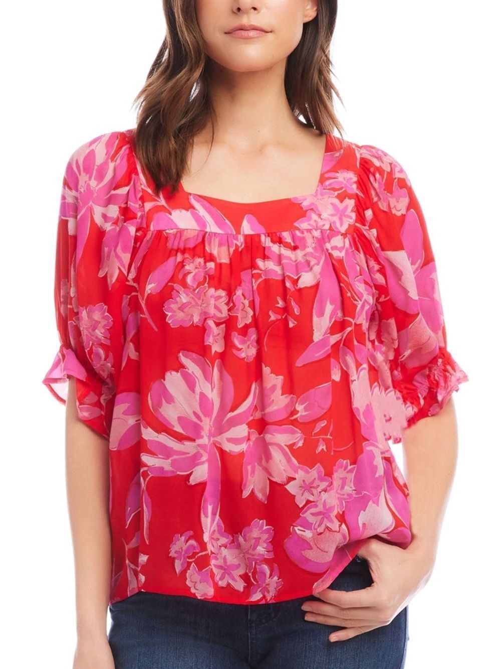 Karen Kane Floral Square Neck Top Ruffle Sleeve Relaxed Fit M Pink Red